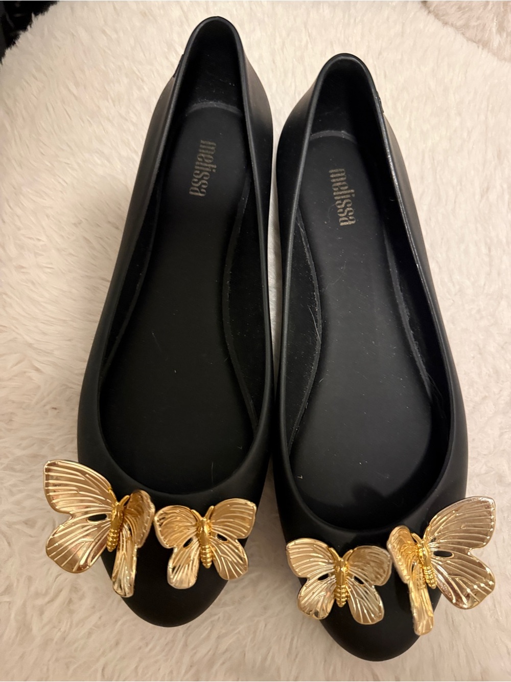 Melissa Doll XIX Women's Black PVC Ballet Flats with Gold Butterflies  8 NEW - Picture 2 of 11